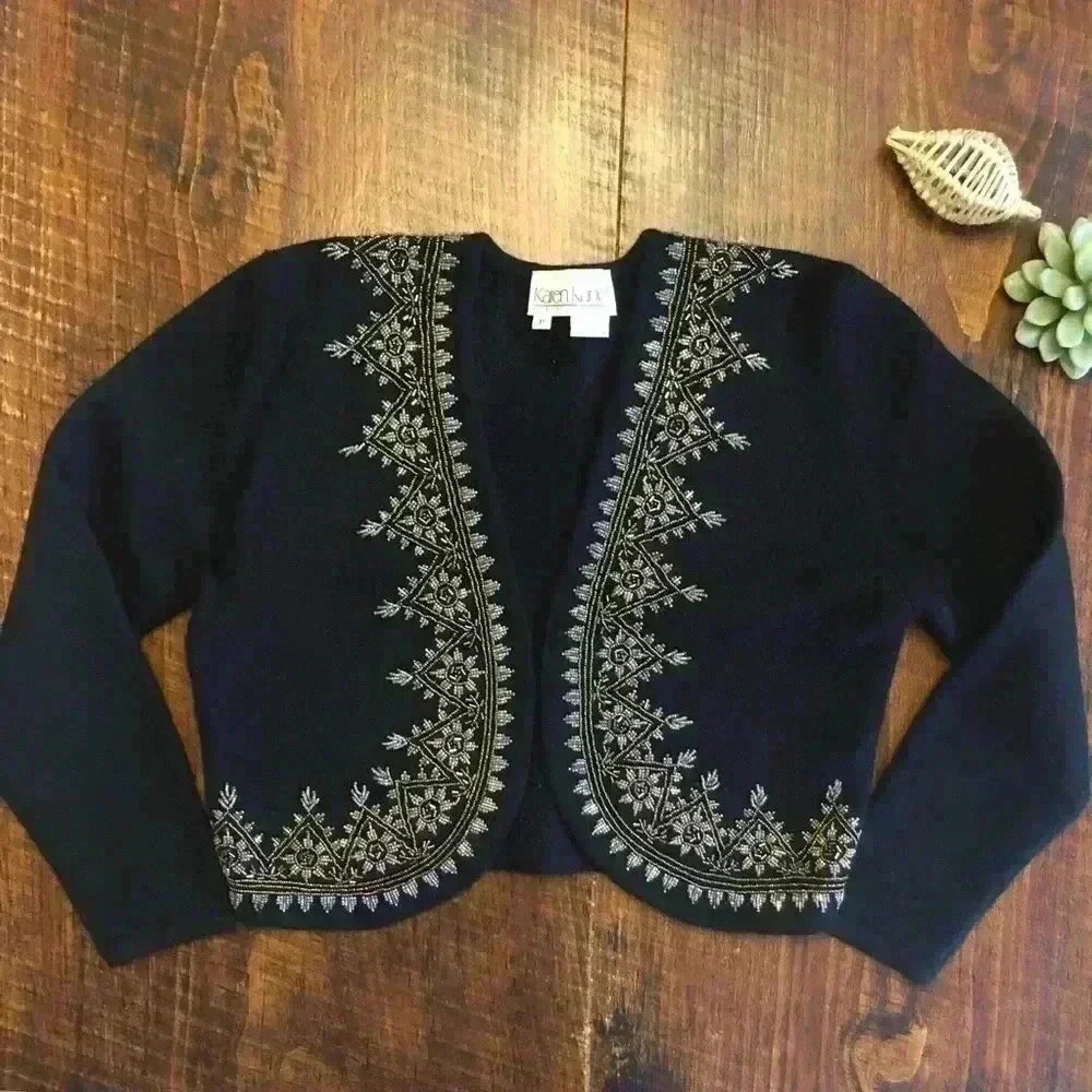 Karen Kane Petites | Vintage Beaded Wool Open Sweater